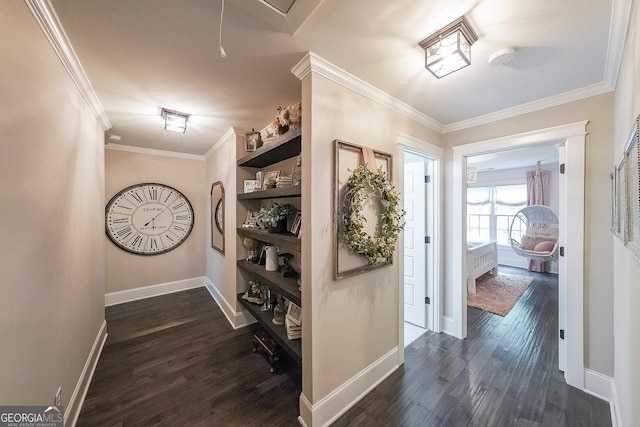150 Shady Grove Ln, Alpharetta, GA 30009 - corridor featuring dark wood-style flooring, crown molding, baseboards, and attic access