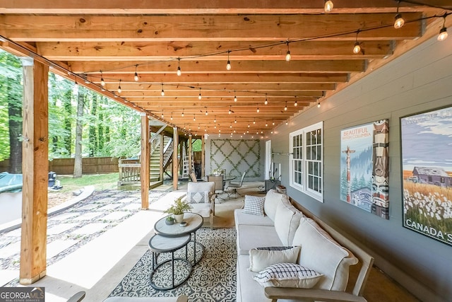 150 Shady Grove Ln, Alpharetta, GA 30009 - view of patio with an outdoor hangout area, stairs, and fence