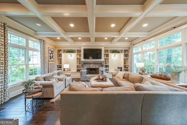 150 Shady Grove Ln, Alpharetta, GA 30009 - living area with healthy amount of natural light, crown molding, coffered ceiling, recessed lighting, and dark wood finished floors