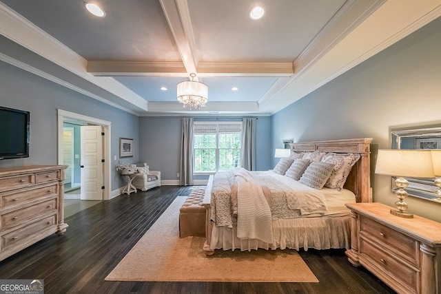 150 Shady Grove Ln, Alpharetta, GA 30009 - bedroom with coffered ceiling, ornamental molding, dark wood finished floors, beam ceiling, and a chandelier