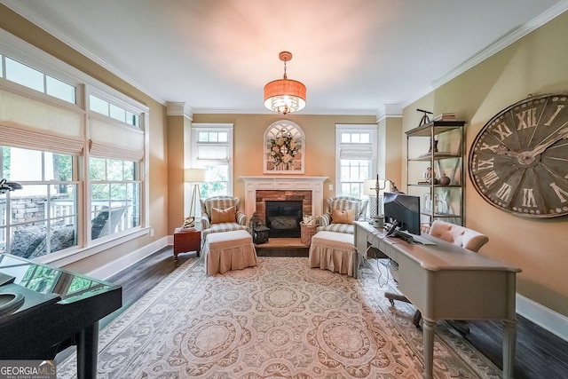 150 Shady Grove Ln, Alpharetta, GA 30009 - home office featuring crown molding, baseboards, a glass covered fireplace, and wood finished floors