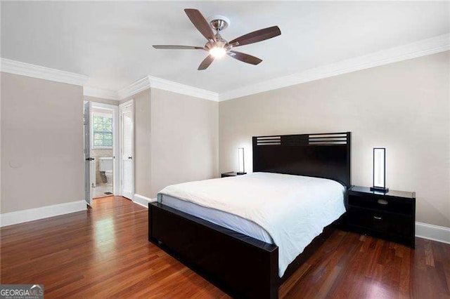 bedroom featuring ceiling fan, wood finished floors, baseboards, and ornamental molding