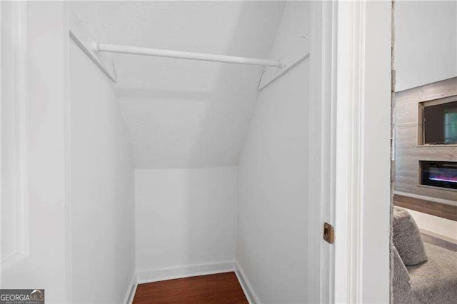 spacious closet featuring vaulted ceiling and wood finished floors