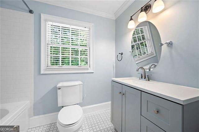 full bathroom with crown molding, toilet, baseboards, and vanity