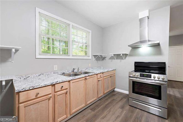 kitchen with a sink, open shelves, wall chimney exhaust hood, stainless steel electric range, and dark wood finished floors