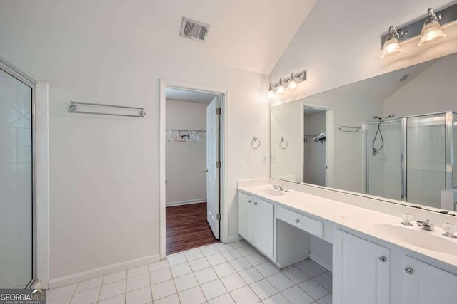 1259 Crescentwood Ln, Decatur, GA 30032 - full bath with a sink, lofted ceiling, a stall shower, and visible vents