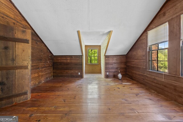 additional living space with wood walls, vaulted ceiling, and hardwood / wood-style floors