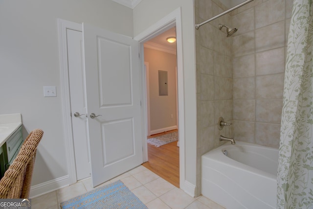3204 Village Blvd SE, Rome, GA 30161 - bathroom featuring ornamental molding, shower / tub combo, tile patterned flooring, electric panel, and vanity