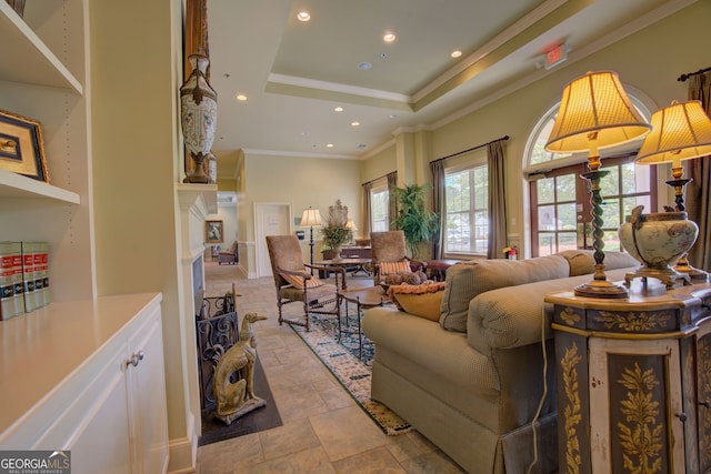 3204 Village Blvd SE, Rome, GA 30161 - living area featuring a tray ceiling, plenty of natural light, recessed lighting, stone tile floors, and a fireplace