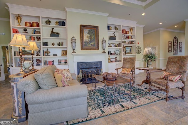 3204 Village Blvd SE, Rome, GA 30161 - living room featuring ornamental molding, a fireplace, recessed lighting, and built in shelves