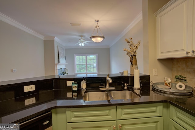 3204 Village Blvd SE, Rome, GA 30161 - kitchen with ornamental molding, ceiling fan, white cabinets, and backsplash