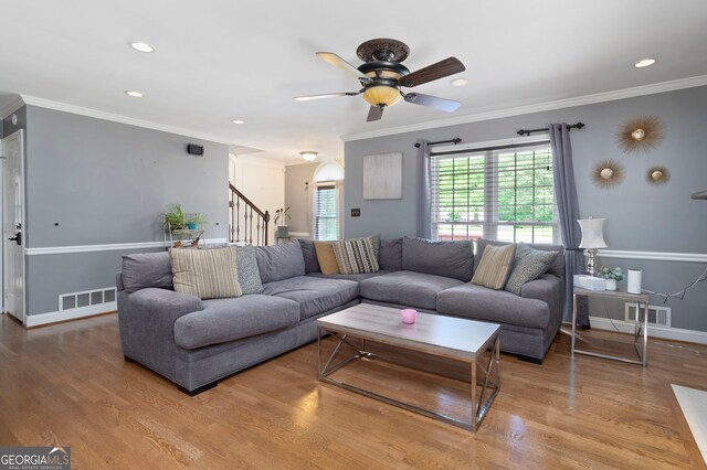 96 Grover Way, Dallas, GA 30157 - living room with ceiling fan, light wood-type flooring, baseboards, stairway, and recessed lighting