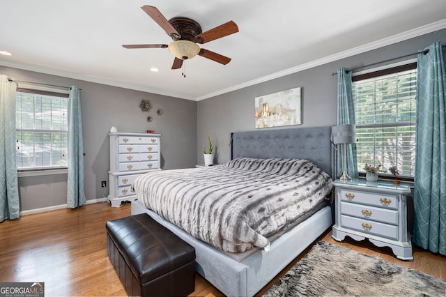 96 Grover Way, Dallas, GA 30157 - bedroom featuring crown molding, wood finished floors, baseboards, recessed lighting, and ceiling fan