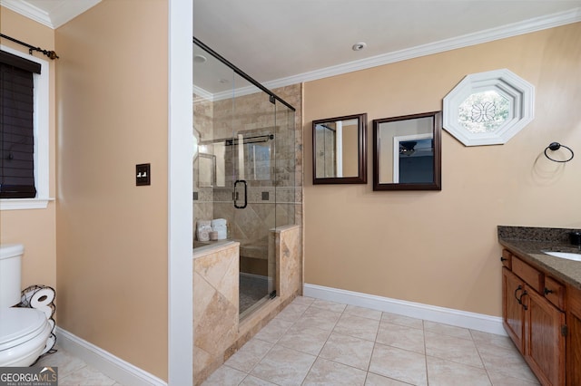 96 Grover Way, Dallas, GA 30157 - bathroom featuring crown molding, baseboards, a shower stall, toilet, and vanity