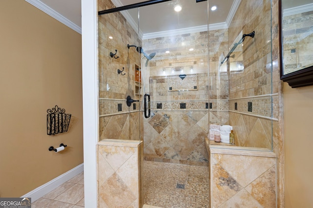 96 Grover Way, Dallas, GA 30157 - full bath with crown molding, tiled shower, baseboards, and tile patterned floors