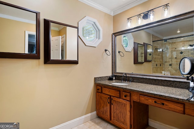 96 Grover Way, Dallas, GA 30157 - full bath with vanity, tiled shower, baseboards, ornamental molding, and tile patterned flooring