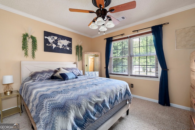96 Grover Way, Dallas, GA 30157 - carpeted bedroom with a textured ceiling, crown molding, baseboards, and ceiling fan