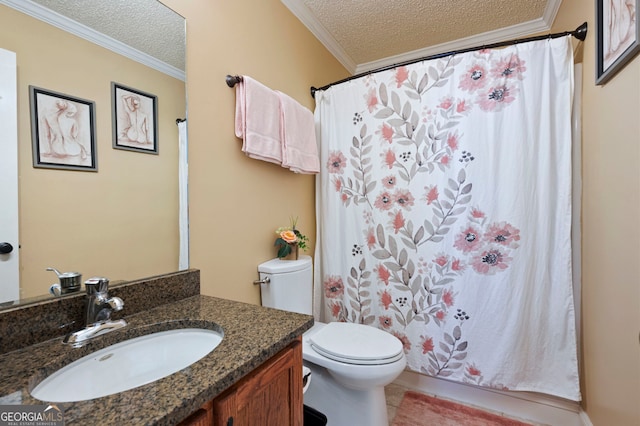 96 Grover Way, Dallas, GA 30157 - bathroom with a textured ceiling, ornamental molding, toilet, vanity, and a shower with shower curtain