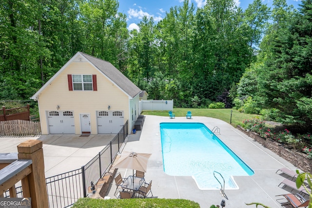 96 Grover Way, Dallas, GA 30157 - view of pool with a fenced backyard, an outdoor structure, a patio, and view of wooded area