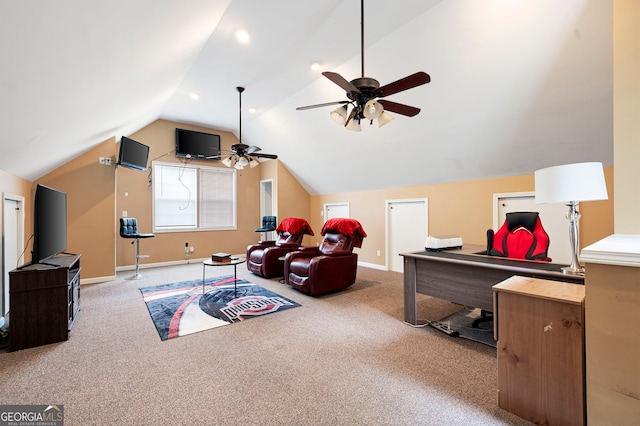 96 Grover Way, Dallas, GA 30157 - recreation room featuring carpet flooring, ceiling fan, lofted ceiling, and baseboards