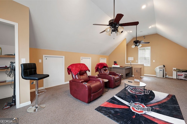 96 Grover Way, Dallas, GA 30157 - living area featuring ceiling fan, lofted ceiling, carpet flooring, and baseboards