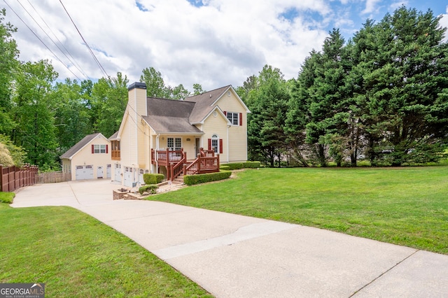 96 Grover Way, Dallas, GA 30157 - view of front of property featuring concrete driveway, a chimney, a wooden deck, stairs, and an attached garage