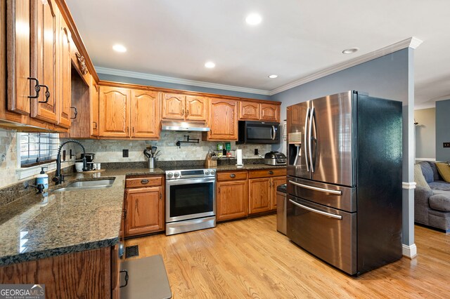 96 Grover Way, Dallas, GA 30157 - kitchen featuring stainless steel appliances, a sink, crown molding, under cabinet range hood, and light wood-type flooring