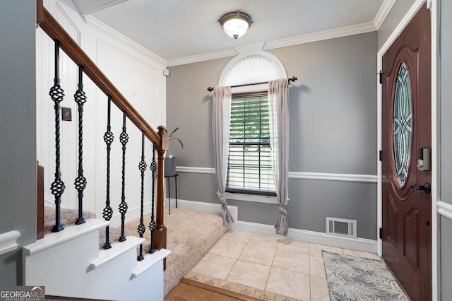 96 Grover Way, Dallas, GA 30157 - foyer entrance with stairway, ornamental molding, baseboards, and tile patterned flooring
