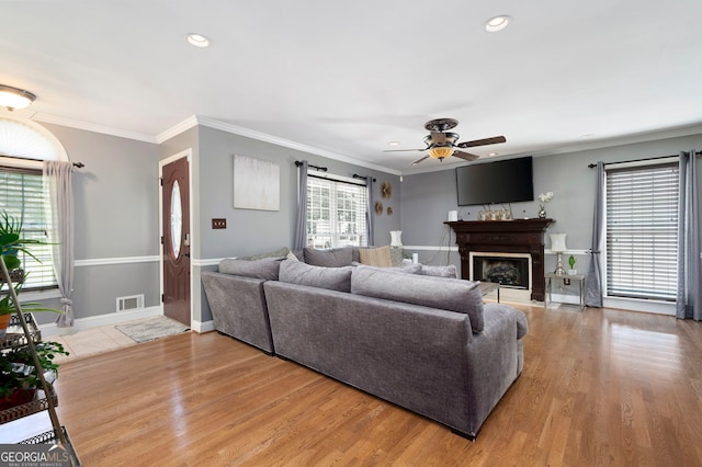 96 Grover Way, Dallas, GA 30157 - living room featuring ceiling fan, recessed lighting, baseboards, light wood finished floors, and crown molding