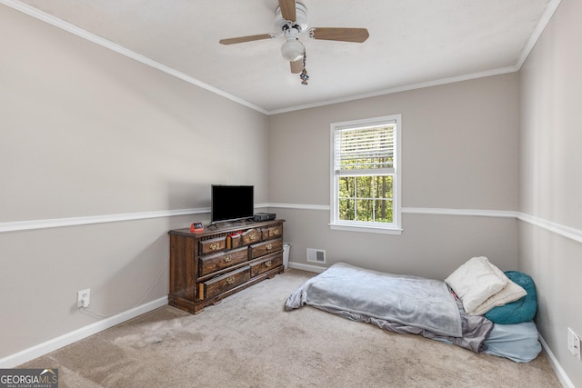 588 Peachtree Dr SE, White, GA 30184 - bedroom with carpet flooring, crown molding, and ceiling fan