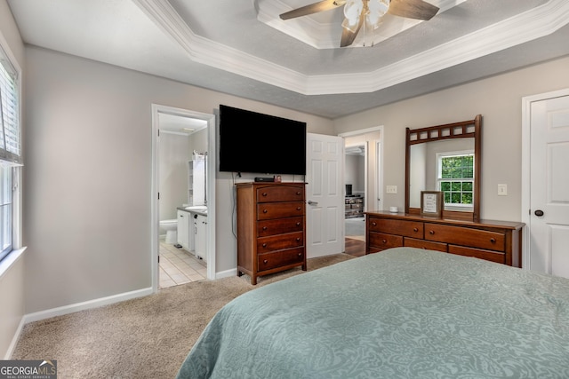 588 Peachtree Dr SE, White, GA 30184 - bedroom featuring a tray ceiling, crown molding, carpet, ceiling fan, and ensuite bathroom