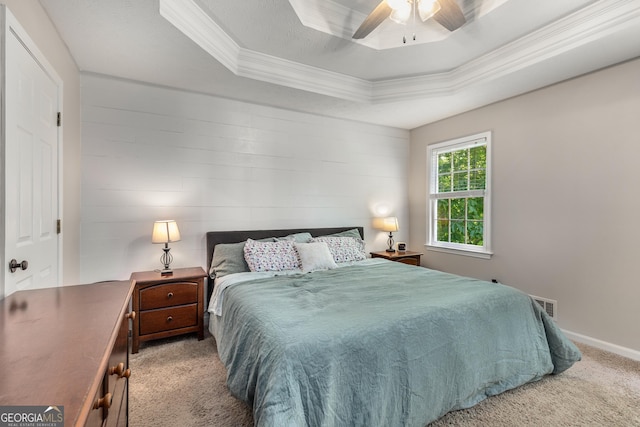 588 Peachtree Dr SE, White, GA 30184 - carpeted bedroom featuring a raised ceiling, crown molding, and ceiling fan