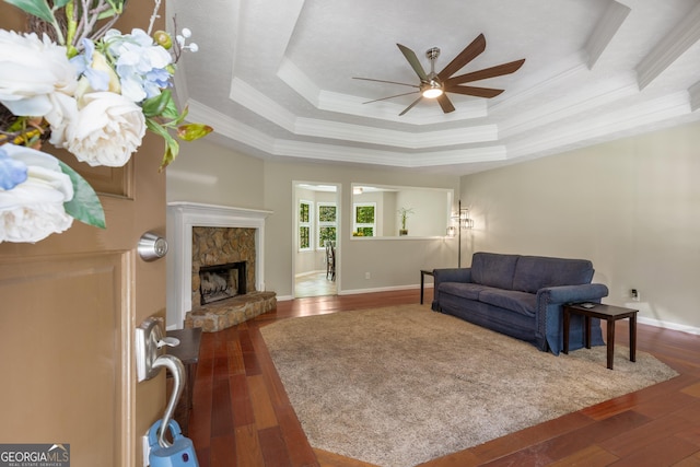 588 Peachtree Dr SE, White, GA 30184 - living area with a raised ceiling, ceiling fan, dark wood-type flooring, crown molding, and a fireplace