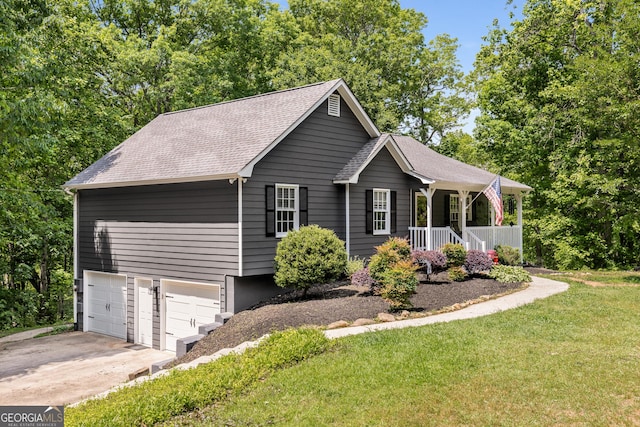 588 Peachtree Dr SE, White, GA 30184 - ranch-style house with a garage, concrete driveway, roof with shingles, covered porch, and a front yard