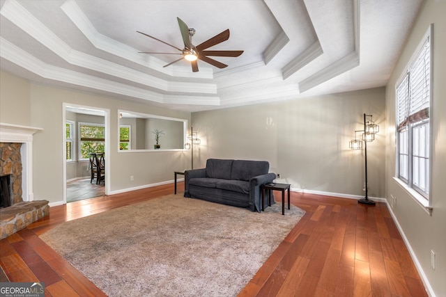 588 Peachtree Dr SE, White, GA 30184 - living room featuring a raised ceiling, a ceiling fan, crown molding, hardwood / wood-style floors, and a fireplace