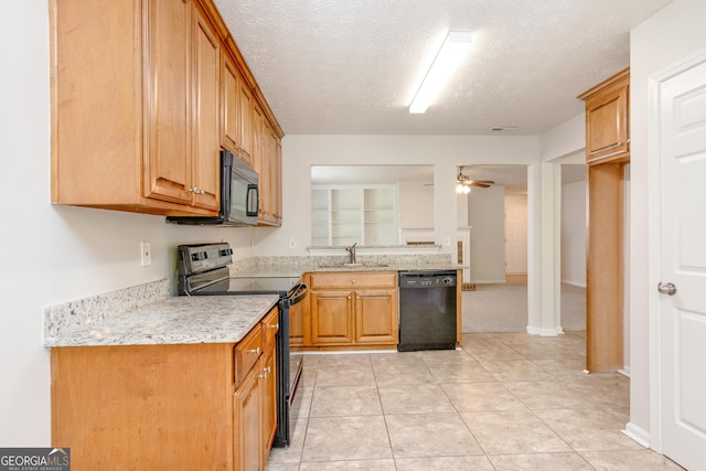 1716 Anniston Dr, Mcdonough, GA 30253 - kitchen featuring black appliances, a textured ceiling, a sink, ceiling fan, and light stone counters