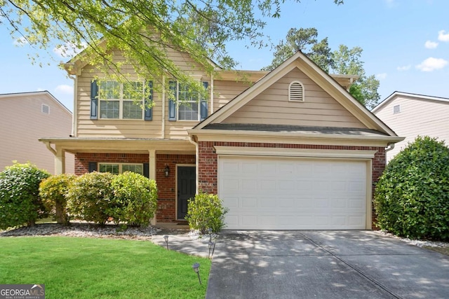 5244 Carrington Park Dr, Powder Springs, GA 30127 - view of front of property with brick siding, an attached garage, a front yard, and concrete driveway