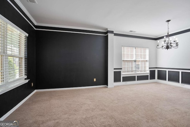 5244 Carrington Park Dr, Powder Springs, GA 30127 - empty room featuring crown molding, carpet floors, visible vents, and a notable chandelier