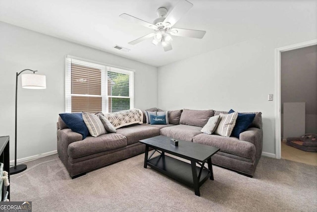 1126 Gate Post Ct, Powder Springs, GA 30127 - living area featuring baseboards, a ceiling fan, carpet flooring, and visible vents