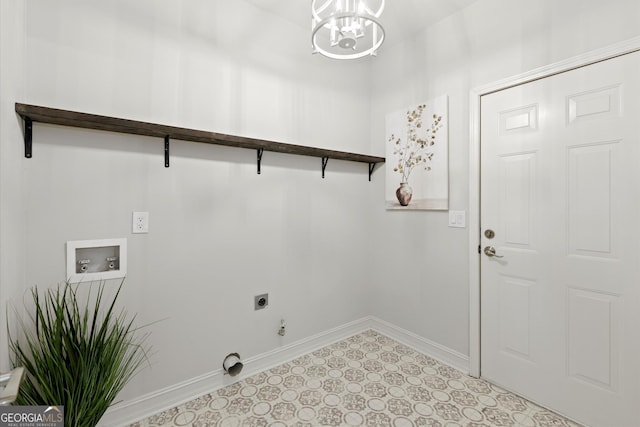 clothes washing area with baseboards, an inviting chandelier, washer hookup, hookup for an electric dryer, and laundry area
