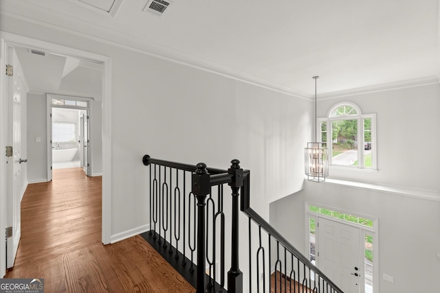 hallway featuring a healthy amount of sunlight, wood finished floors, an upstairs landing, and visible vents