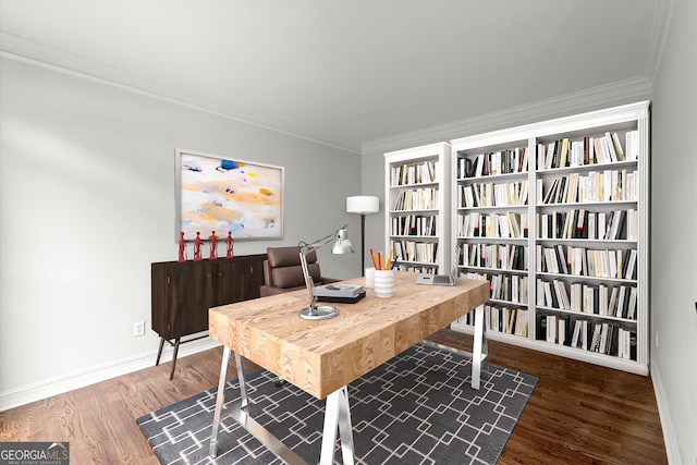 office area with baseboards, ornamental molding, and wood finished floors
