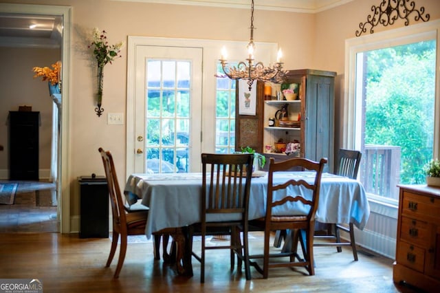 dining area featuring an inviting chandelier, ornamental molding, plenty of natural light, and wood finished floors
