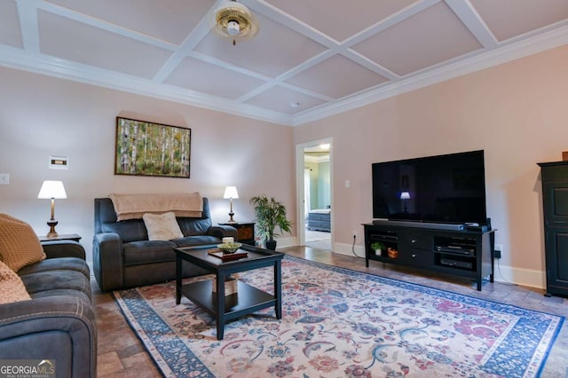 living room featuring coffered ceiling, baseboards, beamed ceiling, ornamental molding, and stone tile flooring