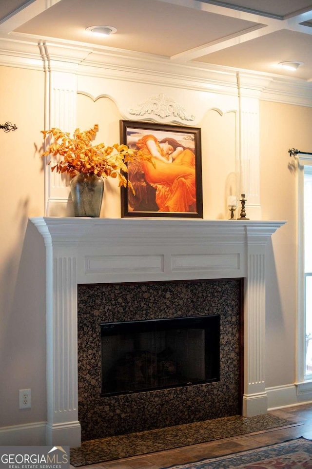 room details with baseboards, ornamental molding, and a fireplace
