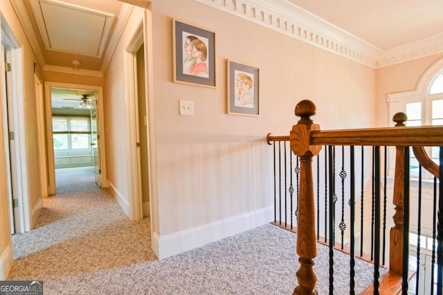 hall with attic access, baseboards, an upstairs landing, ornamental molding, and carpet flooring
