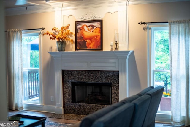 room details with crown molding, ceiling fan, visible vents, and a high end fireplace