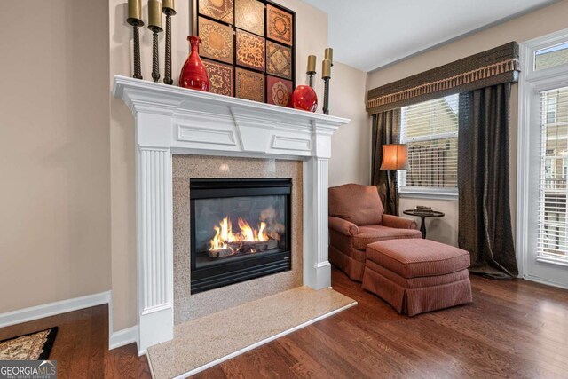 661 Village Field Ct NW, Suwanee, GA 30024 - sitting room featuring a premium fireplace, baseboards, and wood finished floors