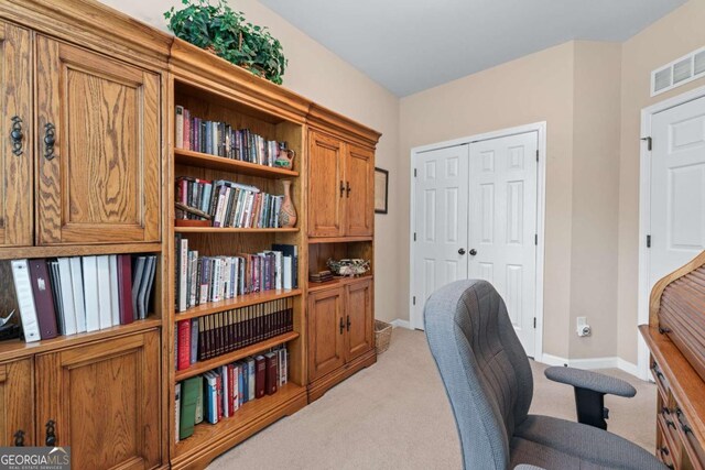 661 Village Field Ct NW, Suwanee, GA 30024 - home office with baseboards, light colored carpet, and visible vents