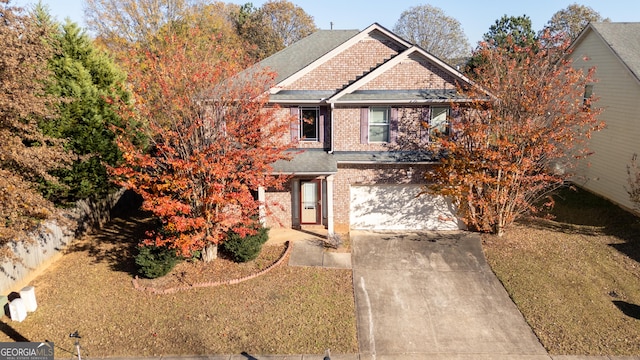 1281 Heartwood Ave, Mcdonough, GA 30253 - view of front of property with roof with shingles, an attached garage, brick siding, a front yard, and concrete driveway